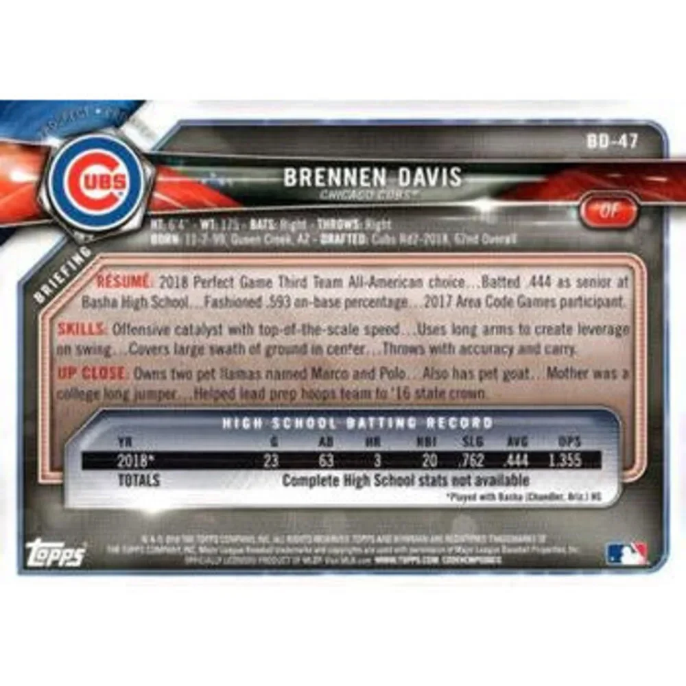2018 Bowman Draft Brennen Davis FBC BD-47 Chicago Cubs